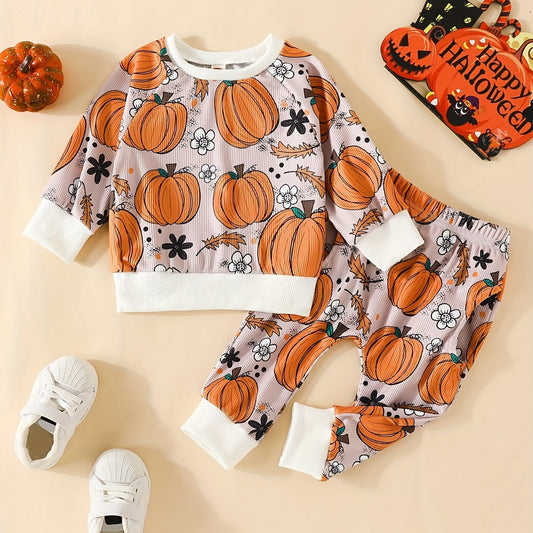 Toddler Halloween Pumpkin Print Sweatshirt and Pants Set