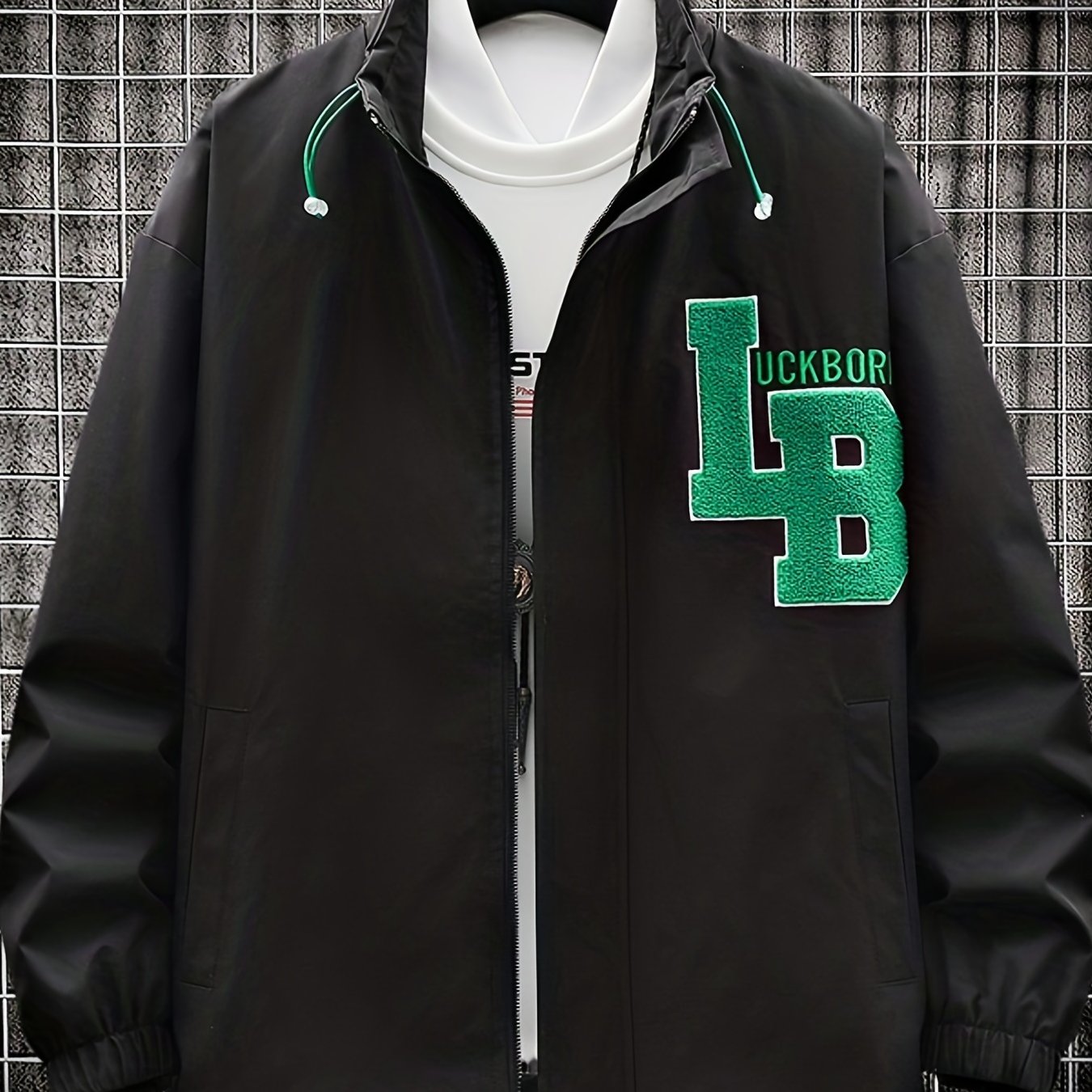 Men's Embroidery Drawstring Jacket Stretch Zip Up Stand Collar Jacket