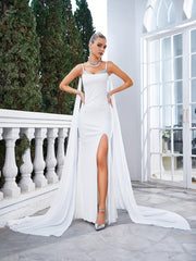 Minimalist Spaghetti Straps Wedding Dress Maxi Dress With Overskirt
