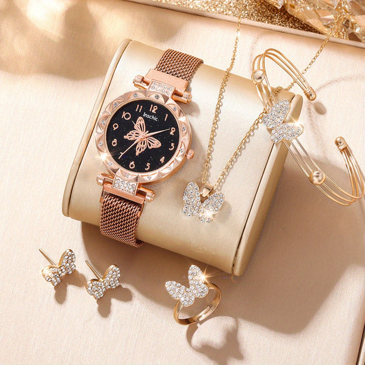 Butterfly Rhinestone Quartz Watch with Bracelet and Jewelry Set