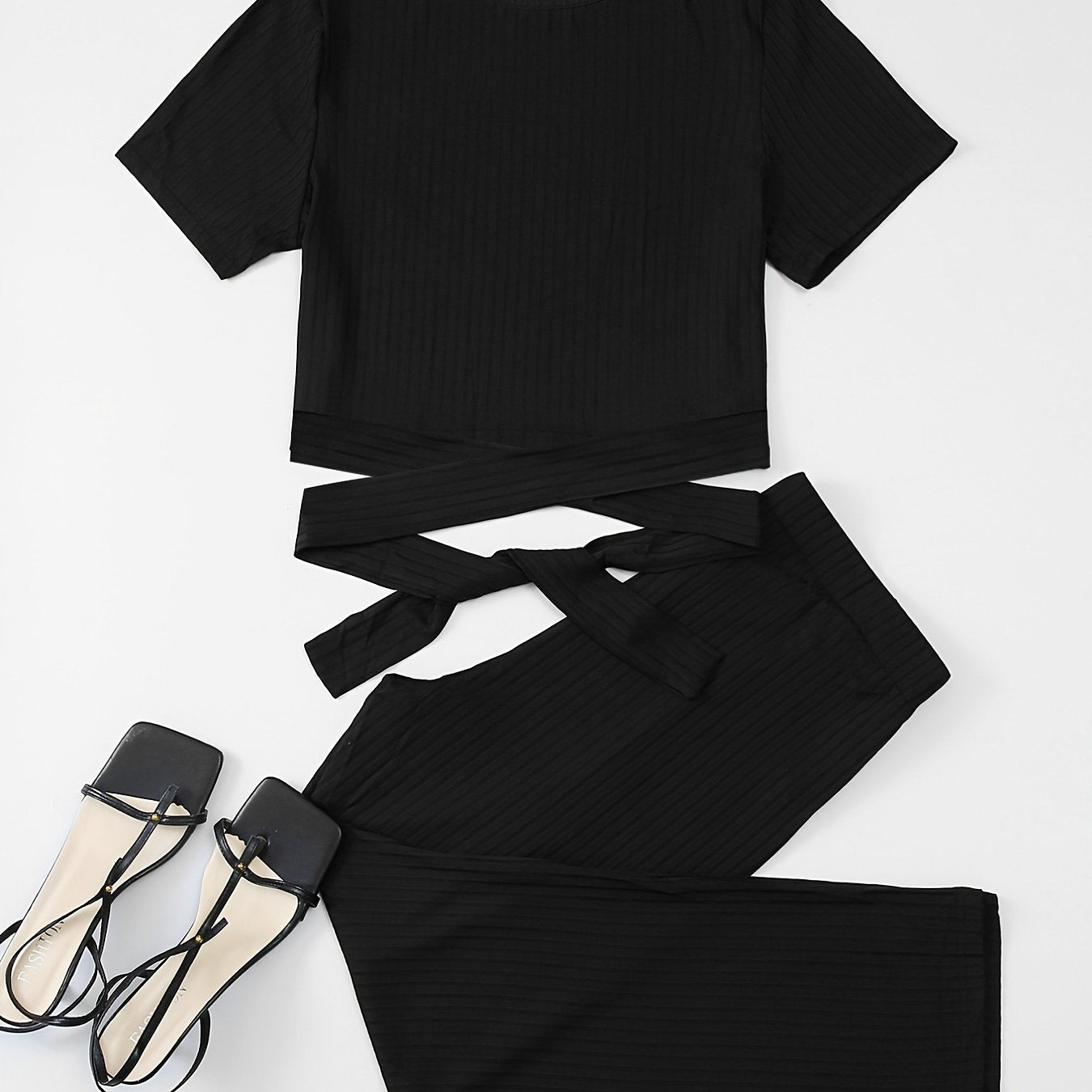  Ribbed Knot Front T-shirt & Pants Set Women's Plus Medium Stretch