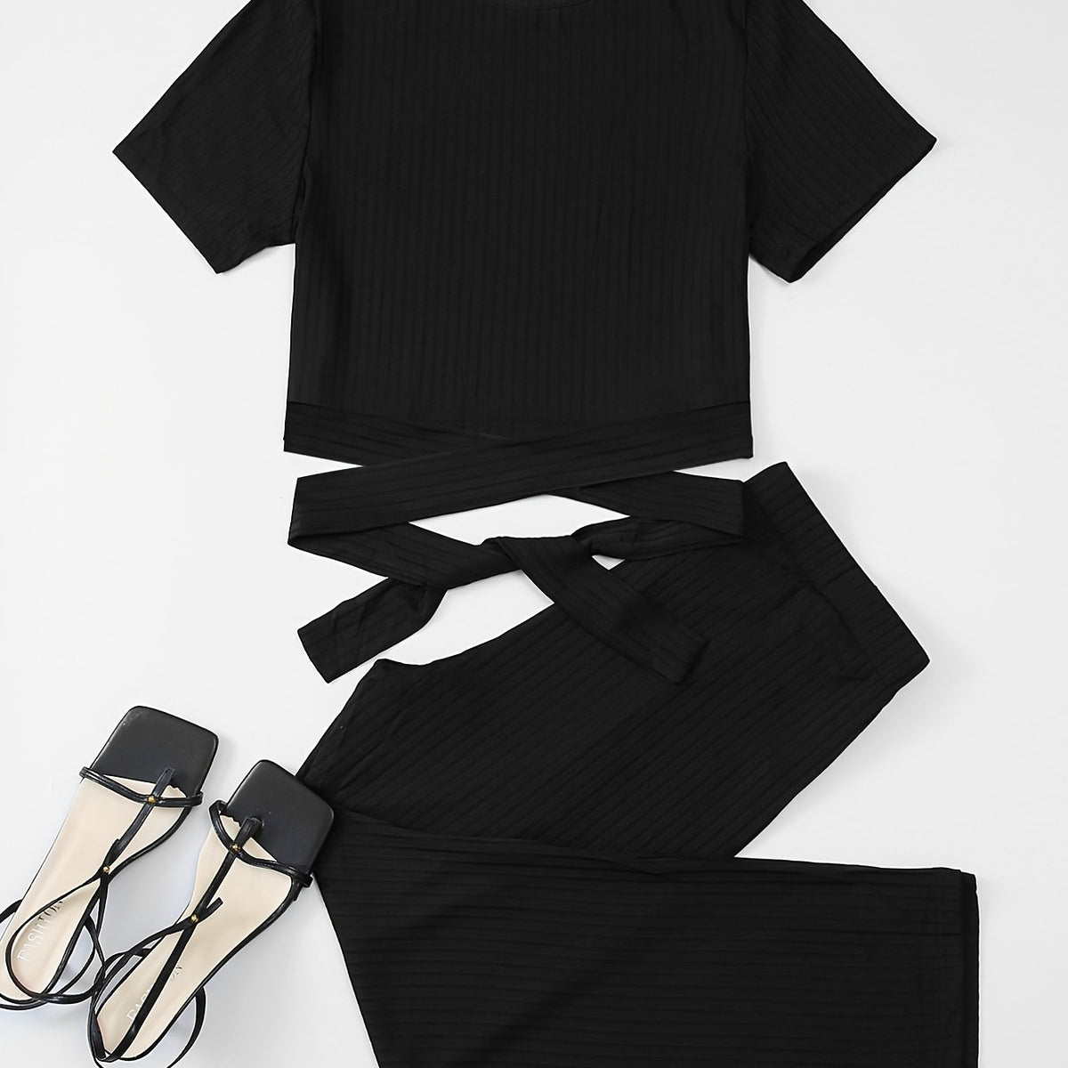  Ribbed Knot Front T-shirt & Pants Set Women's Plus Medium Stretch