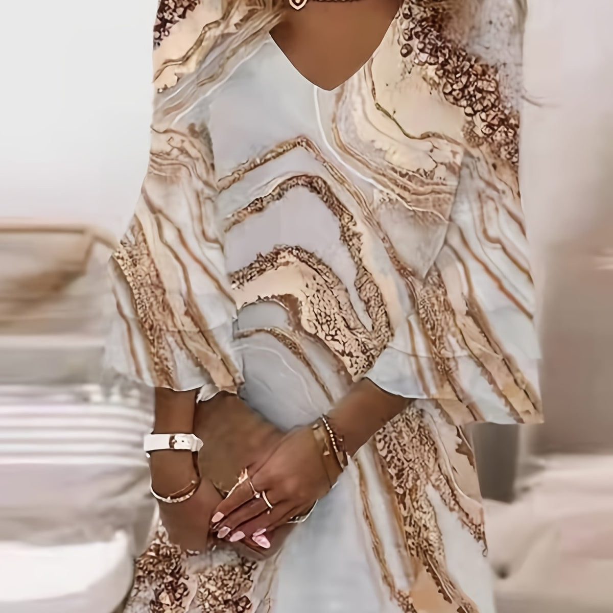 Marble Print Flared Sleeve Dress V Neck Loose Midi Dress