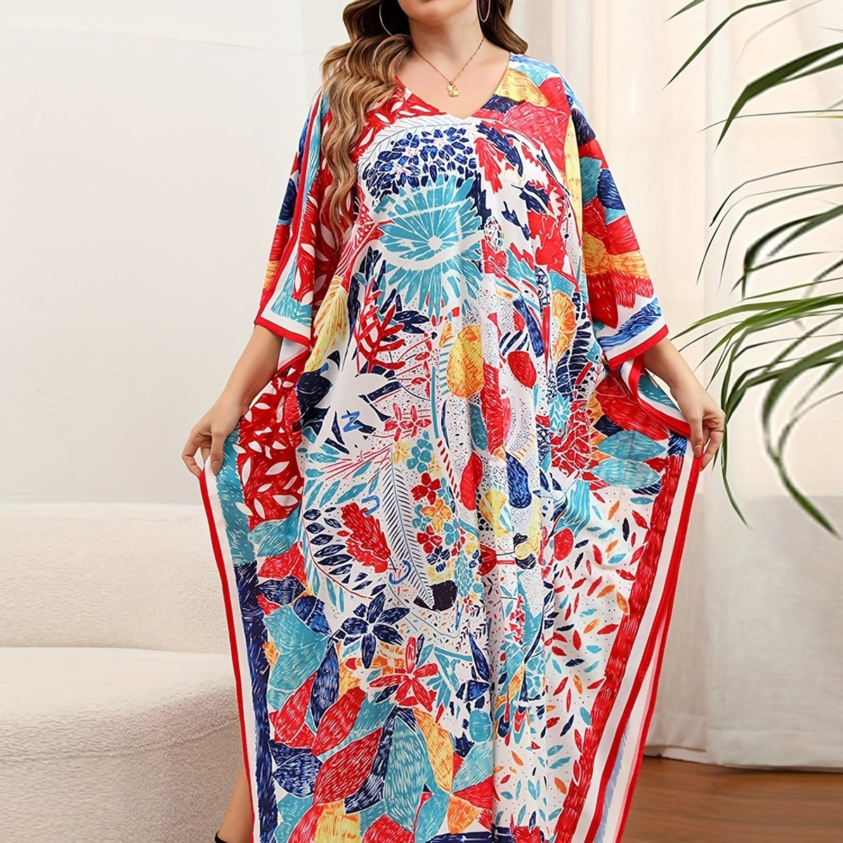  Boho Cover Up Women's Plus Tribal Print Bat Sleeve V Neck
