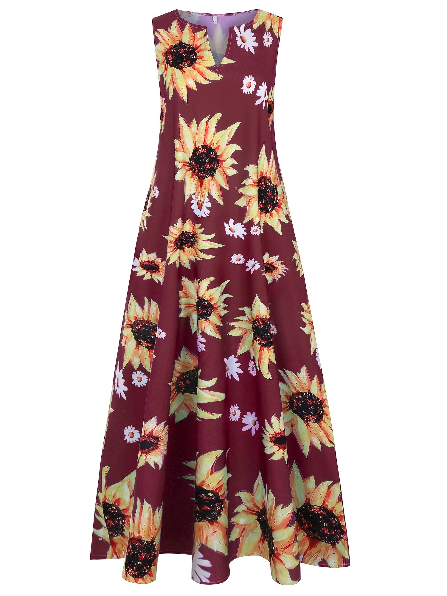  Sunflower Print Tank Maxi Dress Women's Plus Casual Long Dress