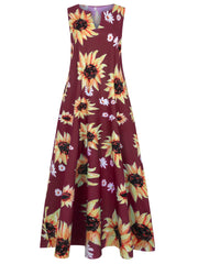  Sunflower Print Tank Maxi Dress Women's Plus Casual Long Dress