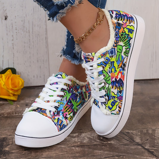 Women's Graffiti Printed Canvas Sneakers Lace Up Flat Shoes