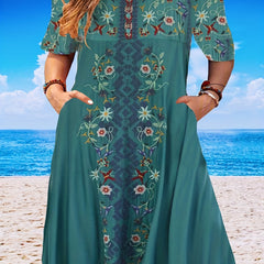  Floral Print Short Sleeve Casual Dress With Pockets