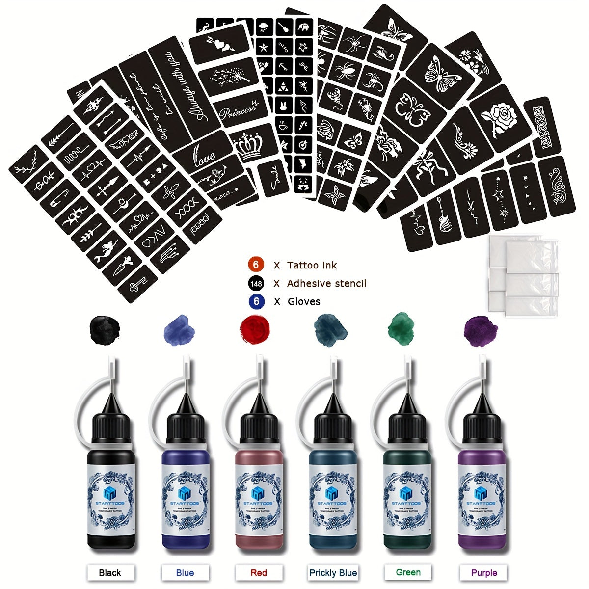 8 Sheets Tattoo Stencils & 6 Bottles Ink Set