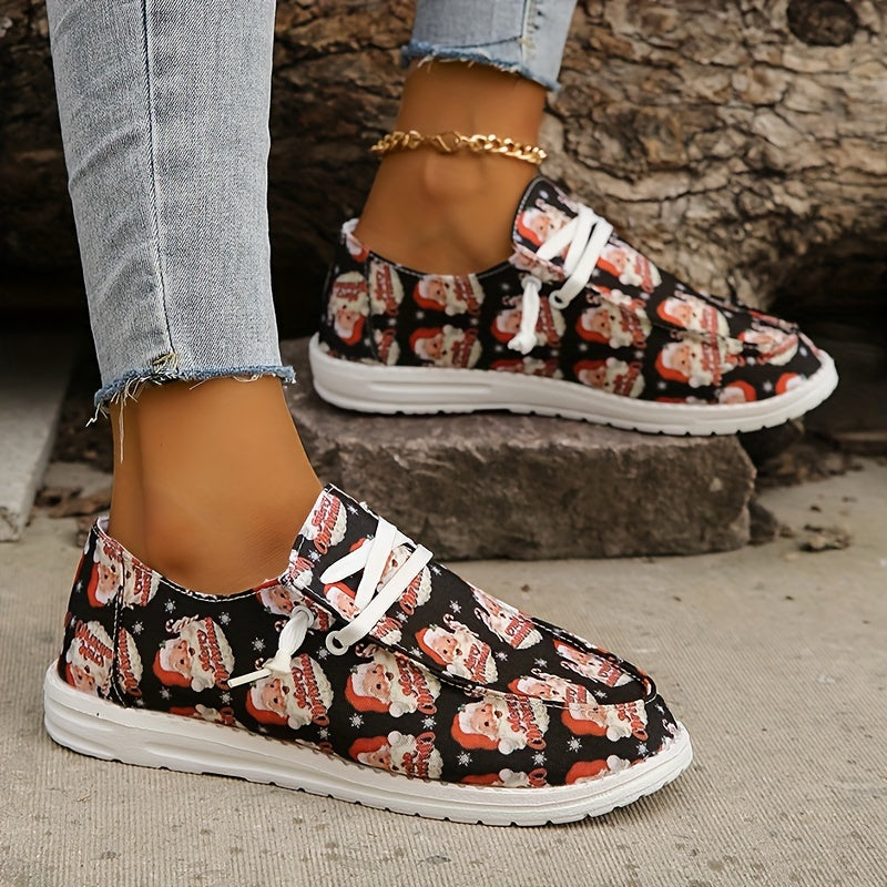 Women's Santa Print Slip On Shoes Round Toe Flat Lightweight