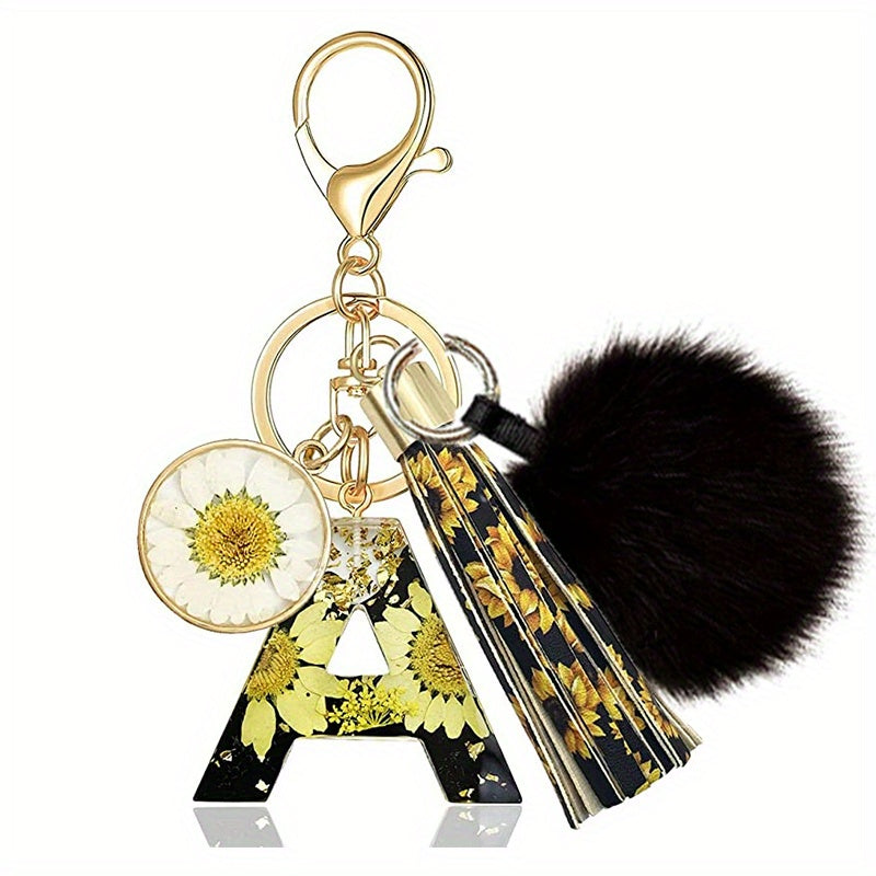 Sunflower Pattern Resin Letter Keychain with Tassel