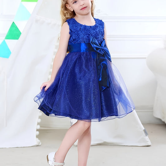 Girl Bow Waist Party Dress Sleeveless Mesh Tutu Skirt Evening Dress