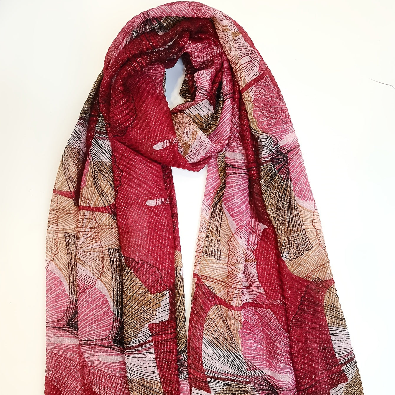 Vintage Scarf Ginkgo Print Voile Shawl Frayed Edge Head Wrap Beach Towel
