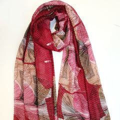 Vintage Scarf Ginkgo Print Voile Shawl Frayed Edge Head Wrap Beach Towel