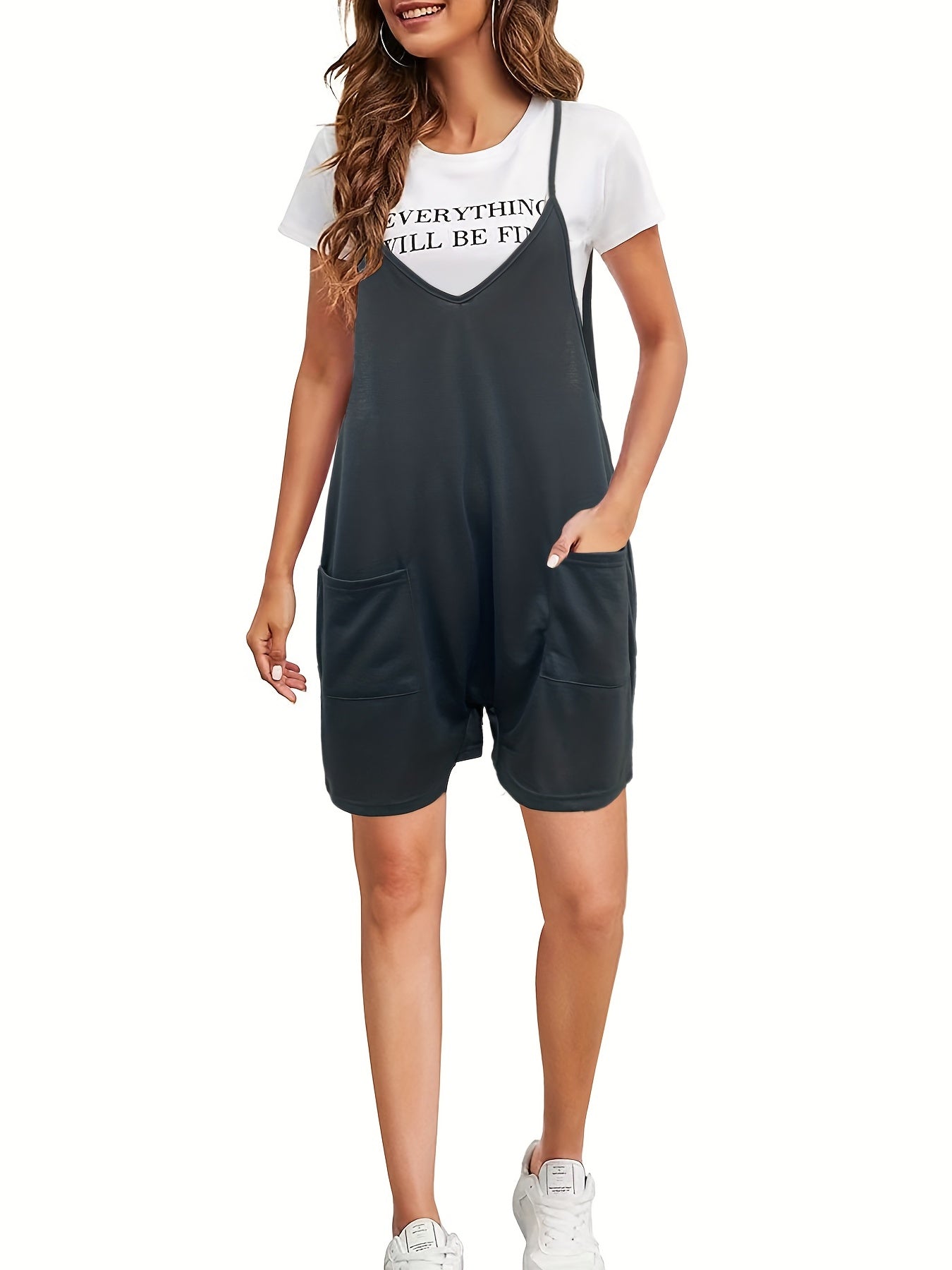 Solid Patched Pockets Jumpsuit Casual Loose V neck Jumpsuit