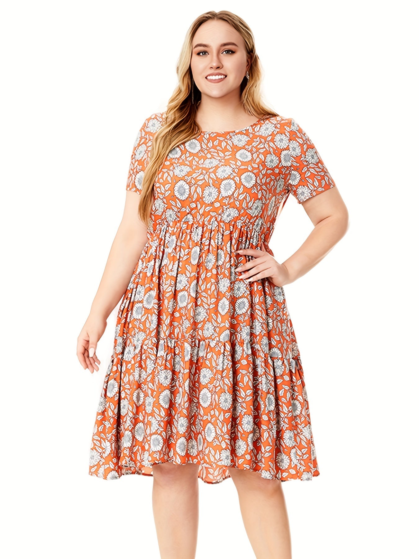 Plus Size Floral Print Short Sleeve Round Neck Ruched Smock Dress