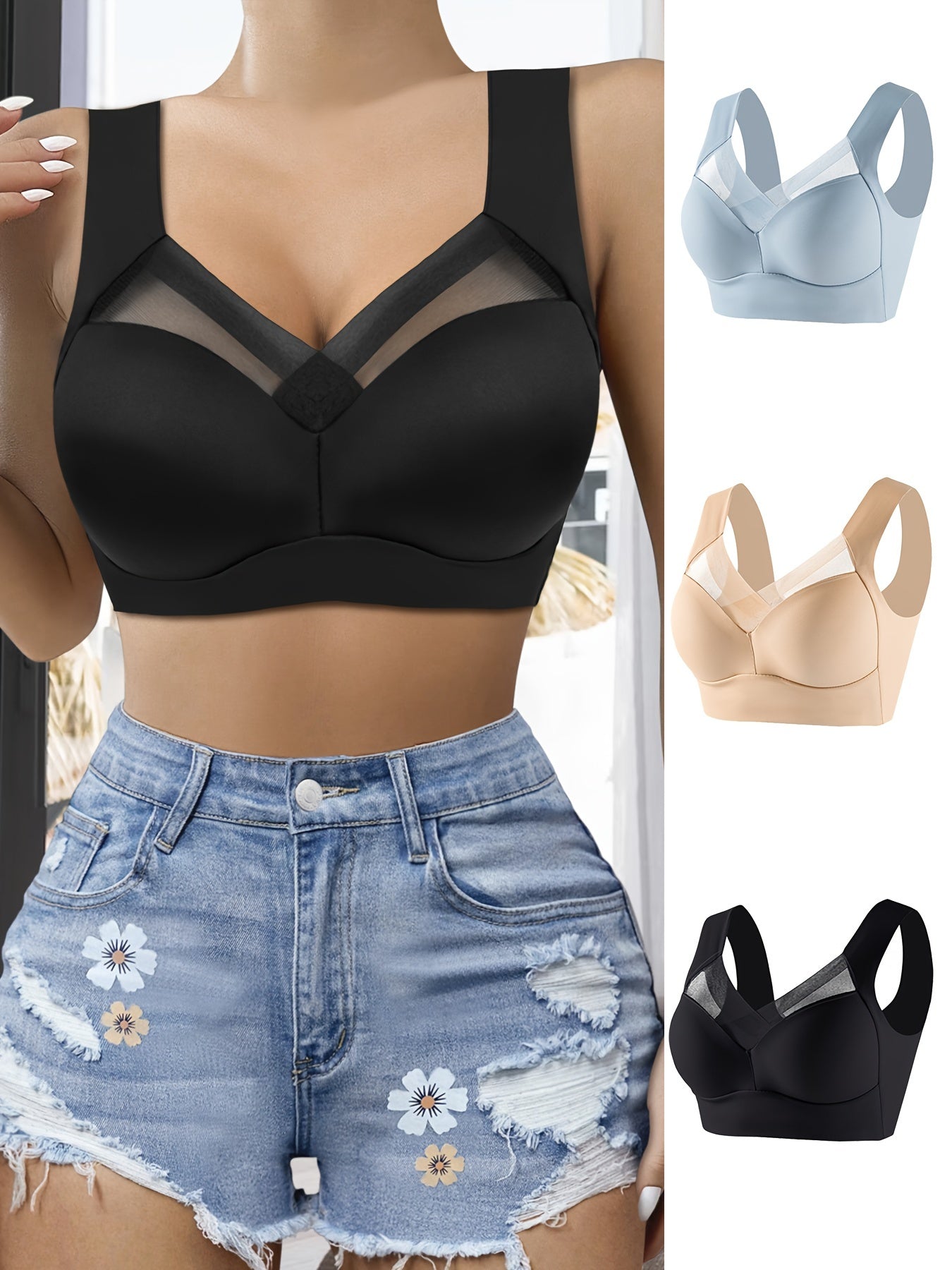 3 Pcs Wireless Sports Bra Seamless Push Up Running Workout Tank Bra Women's Ling