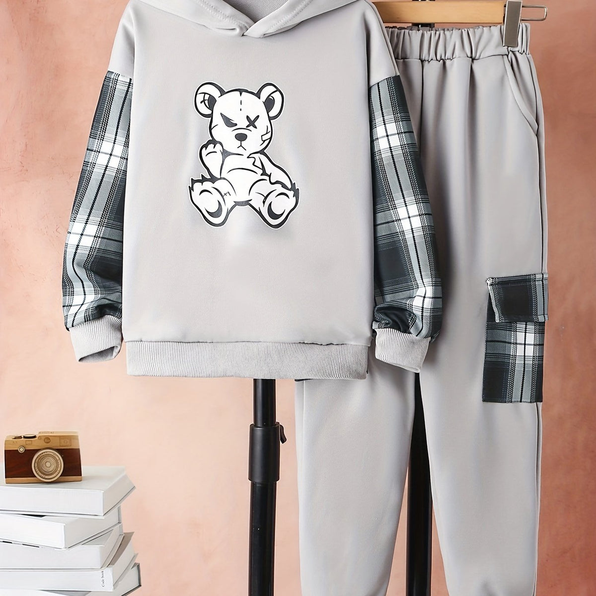 Boy's Bear Pattern Outfit Hoodie & Sweatpants Set For Spring Fall