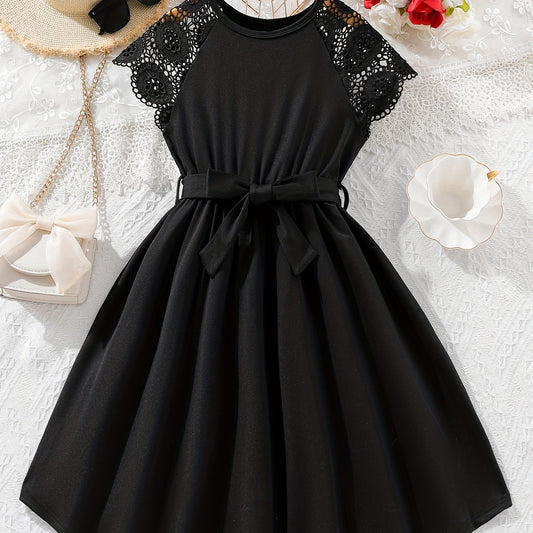 Girls' Lace Shoulder Short Sleeve Tunic Dress - Party Holiday Outing