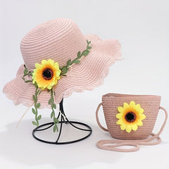 Girls Ruffled Straw Hat & Crossbody Bag Set with Sunflower Decoration