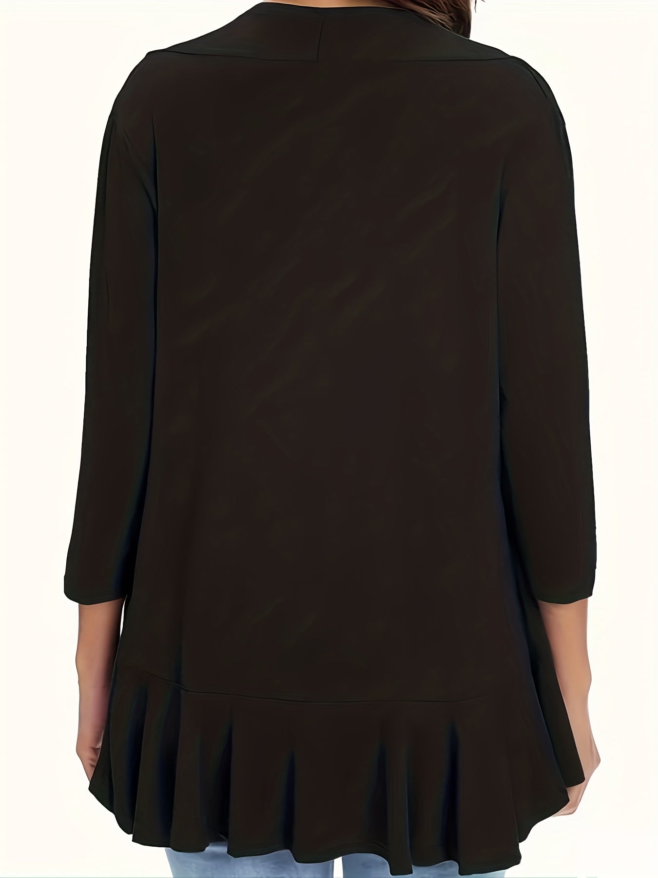  Solid Ruffle Trim Open Front Cardigan