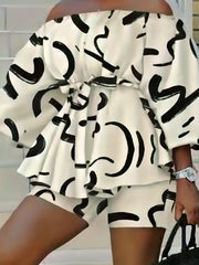 Geometric Print Front Tie Two Pieces Set Off Shoulder Tie Waist Blouse & Shorts