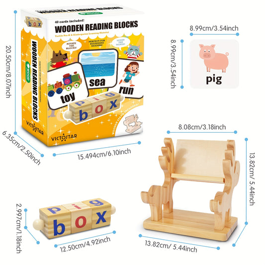 BATTOP Wooden Reading Blocks CVC Sight Words Game Phonics Learning Toy