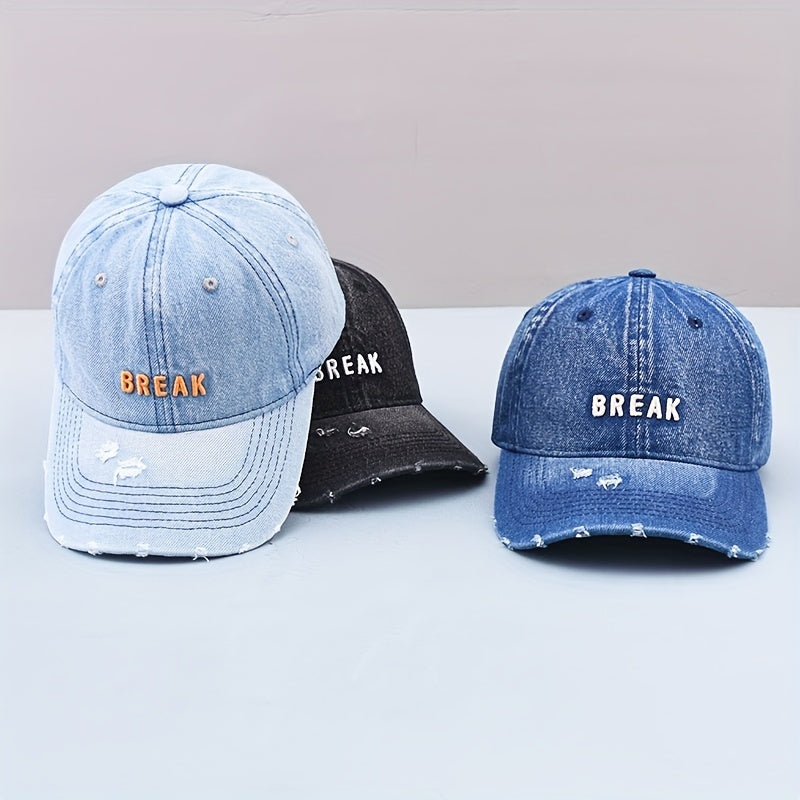 Distressed Embroidered Baseball Cap Washed Denim Sun Hat
