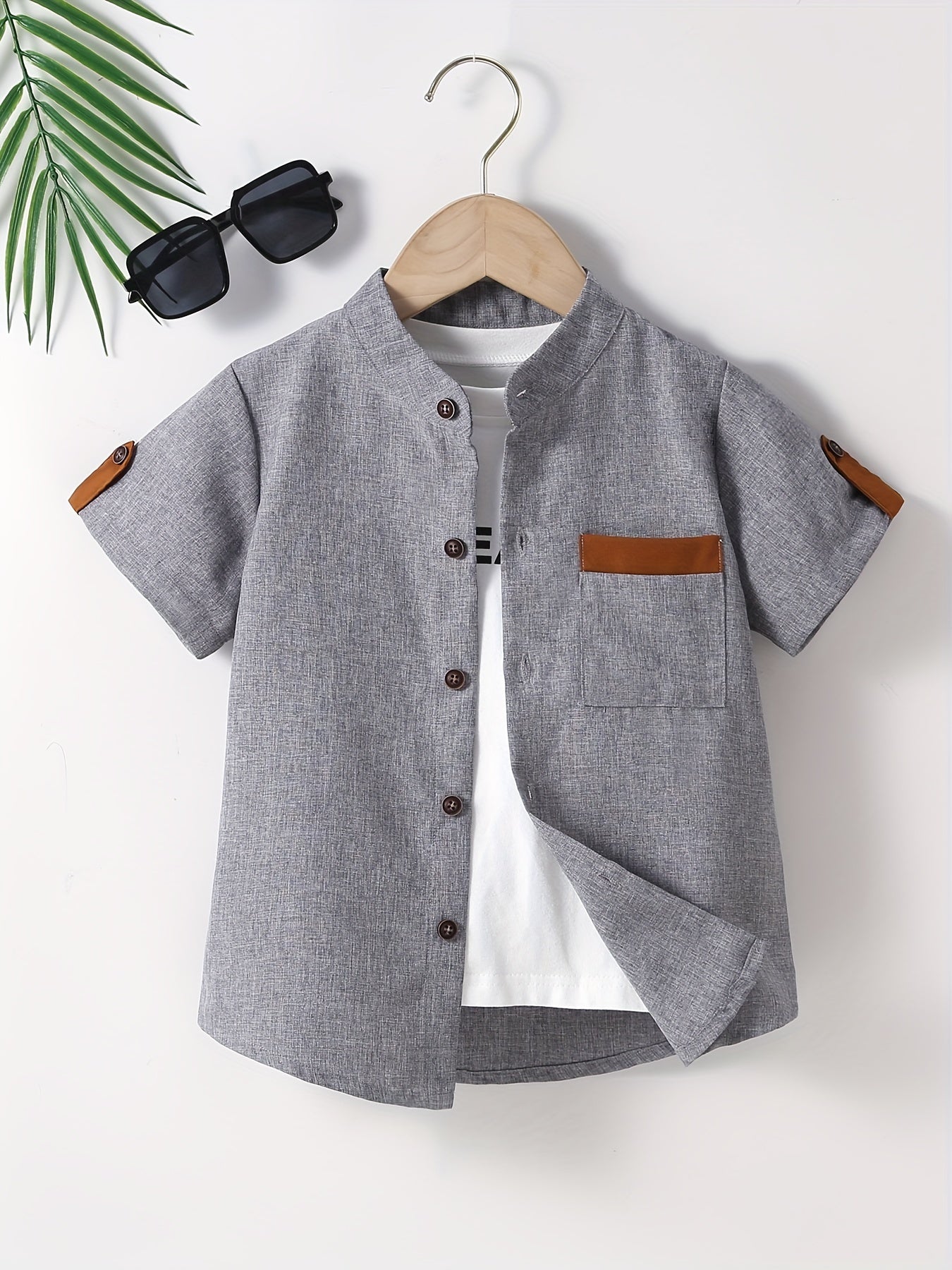 Boys Button Down Shirt Short Sleeve Stand Collar Tee Tops