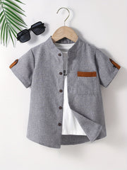 Boys Button Down Shirt Short Sleeve Stand Collar Tee Tops