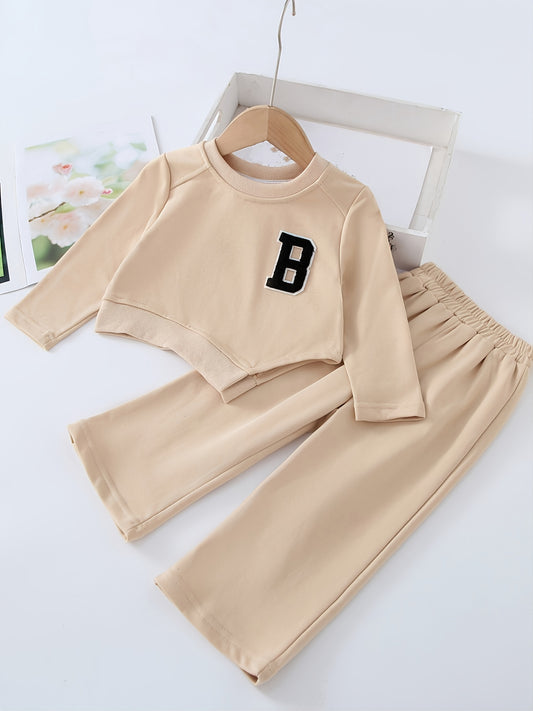 Girls Letter Pullover & Wide Leg Pants Set Kids Clothes