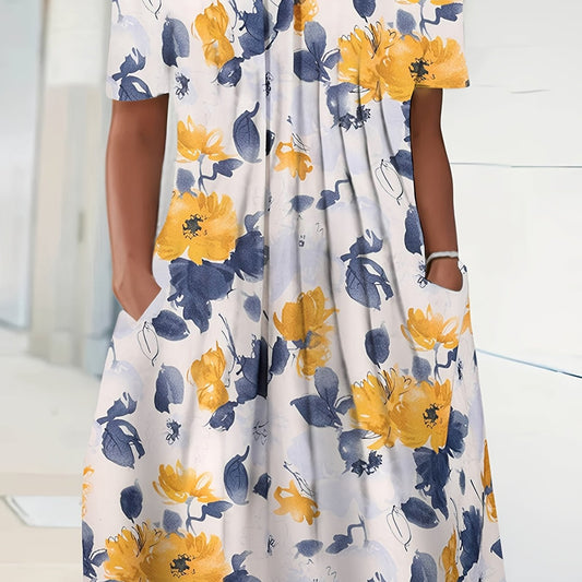  Floral Print Short Sleeve Round Neck Dress With Pockets