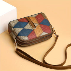 Colorblock Crossbody Bag with Rhombus Print Shoulder Purse