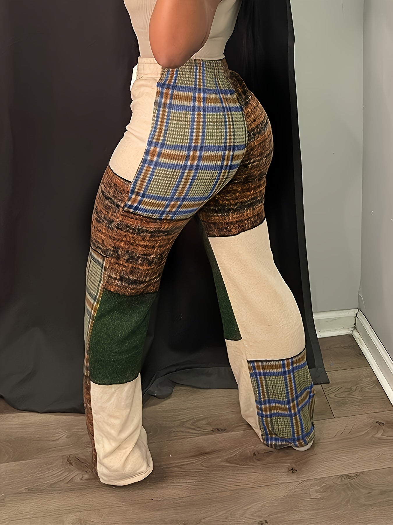  Retro Pants Women's Plus Patchwork Print Drawstring Elastic High Rise