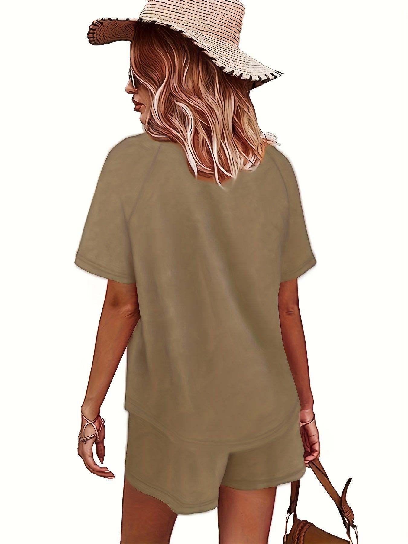  Solid Button Up Short Sleeve Top & Drawstring Shorts Set