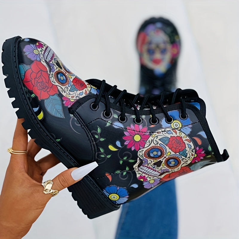 Skull & Rose Gothic Combat Boots Lace Up Ankle Halloween Shoes