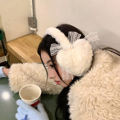 Japanese Style Fluffy Ear Muffs with Lace Bow Heart Shaped Earmuffs