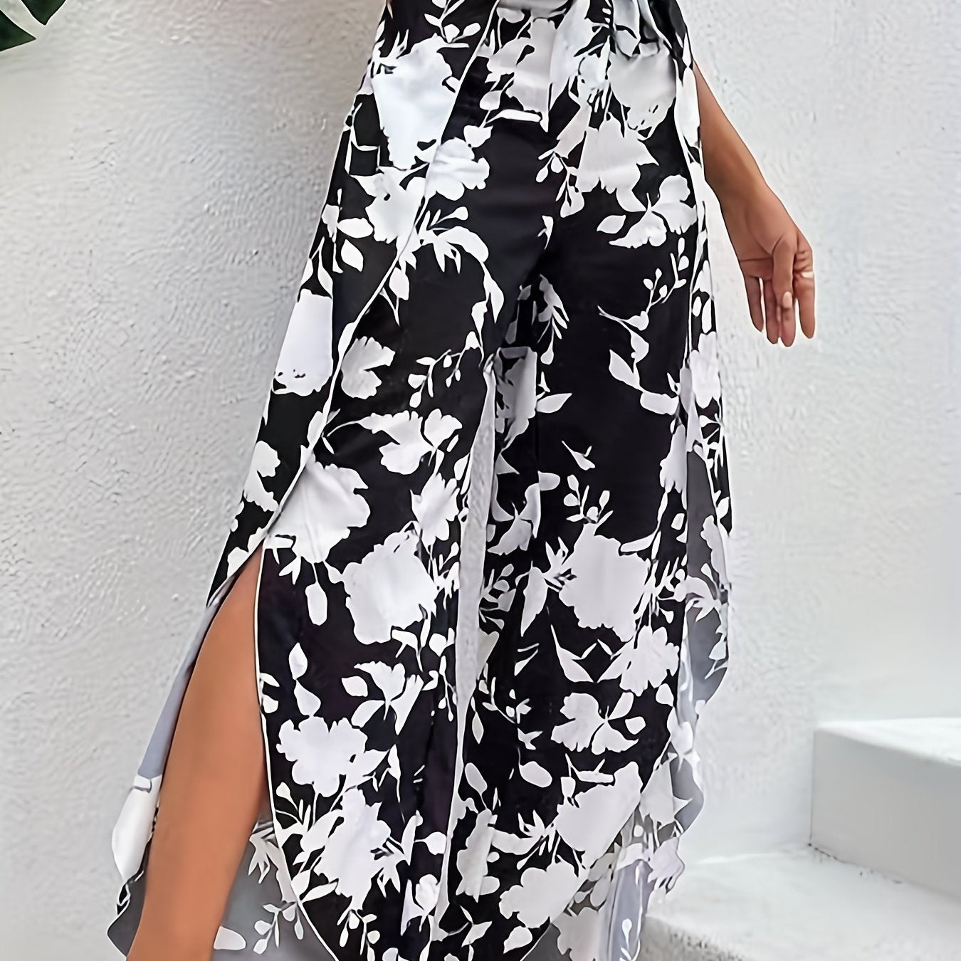  Floral Print Tie Front High Rise Wide Leg Pants