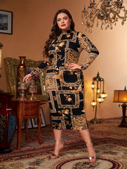  Baroque & Chain Print Long Sleeve High Neck Dress
