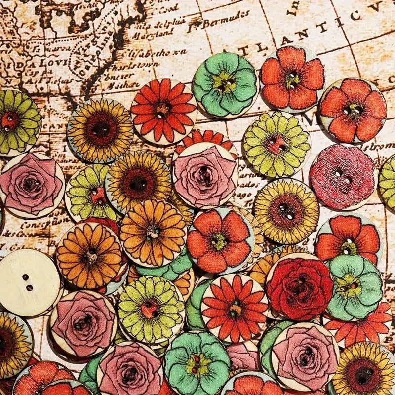 50pcs Retro Flower Discs Wooden Craft Buttons Assorted Colors DIY Projects