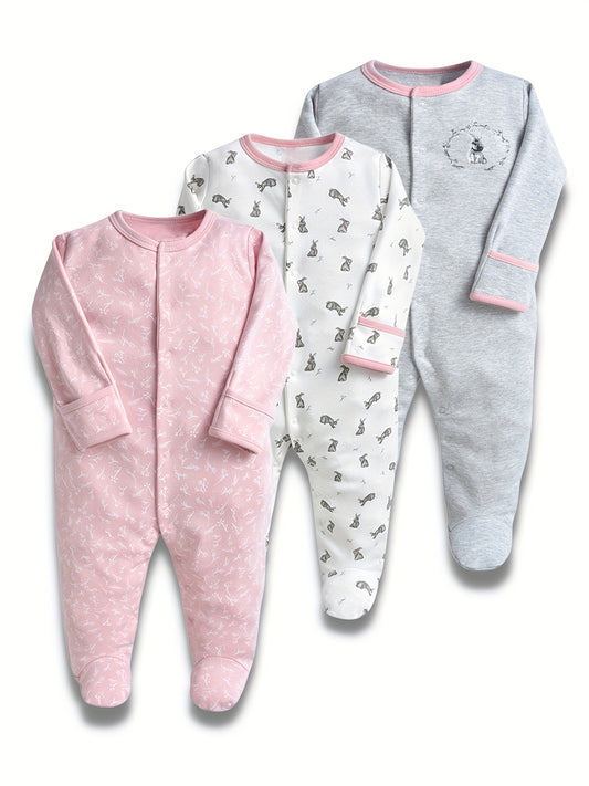 3pcs Baby Girl's Cotton Footed Rompers Pajamas Set With Dinosaur Print