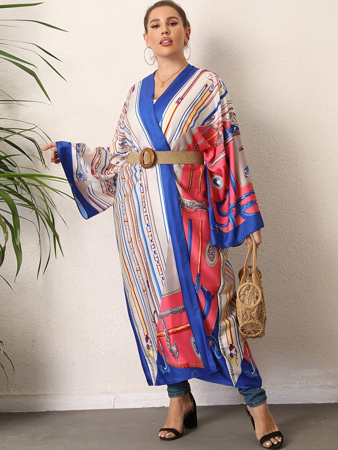 Boho Kimono Women's Plus Size Allover Print Long Sleeve Open Front Beachwear