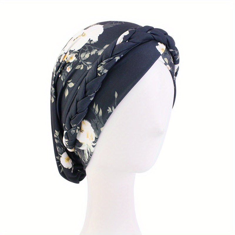 Flower Print Turban Cap Pre tied Braided Head Wrap Elastic Bonnet