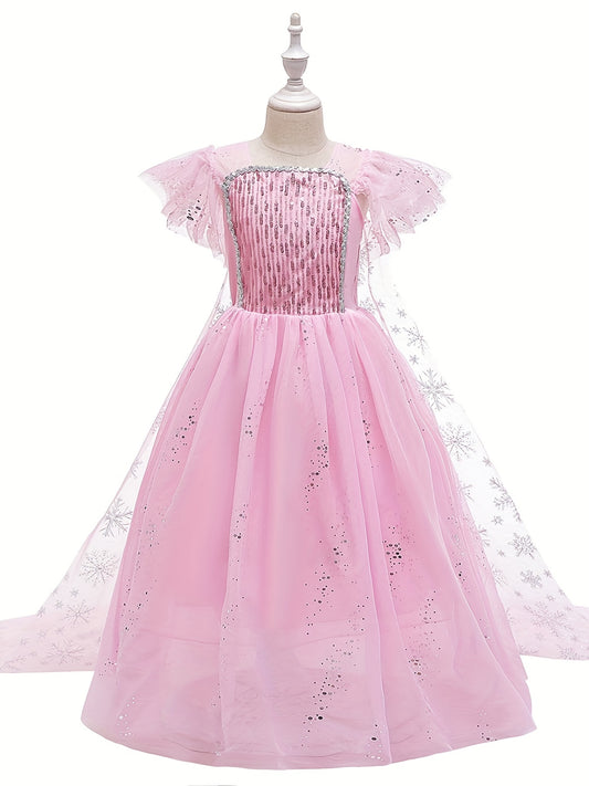 Girls Sequin Snowflake Princess Dress Sleeveless Ruffle Mesh Cape