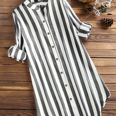  Stripe Print Long Sleeve Mock Neck Tunic Shirt