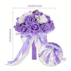 Purple Artificial Rose Wedding Bouquet with Pearl Accents