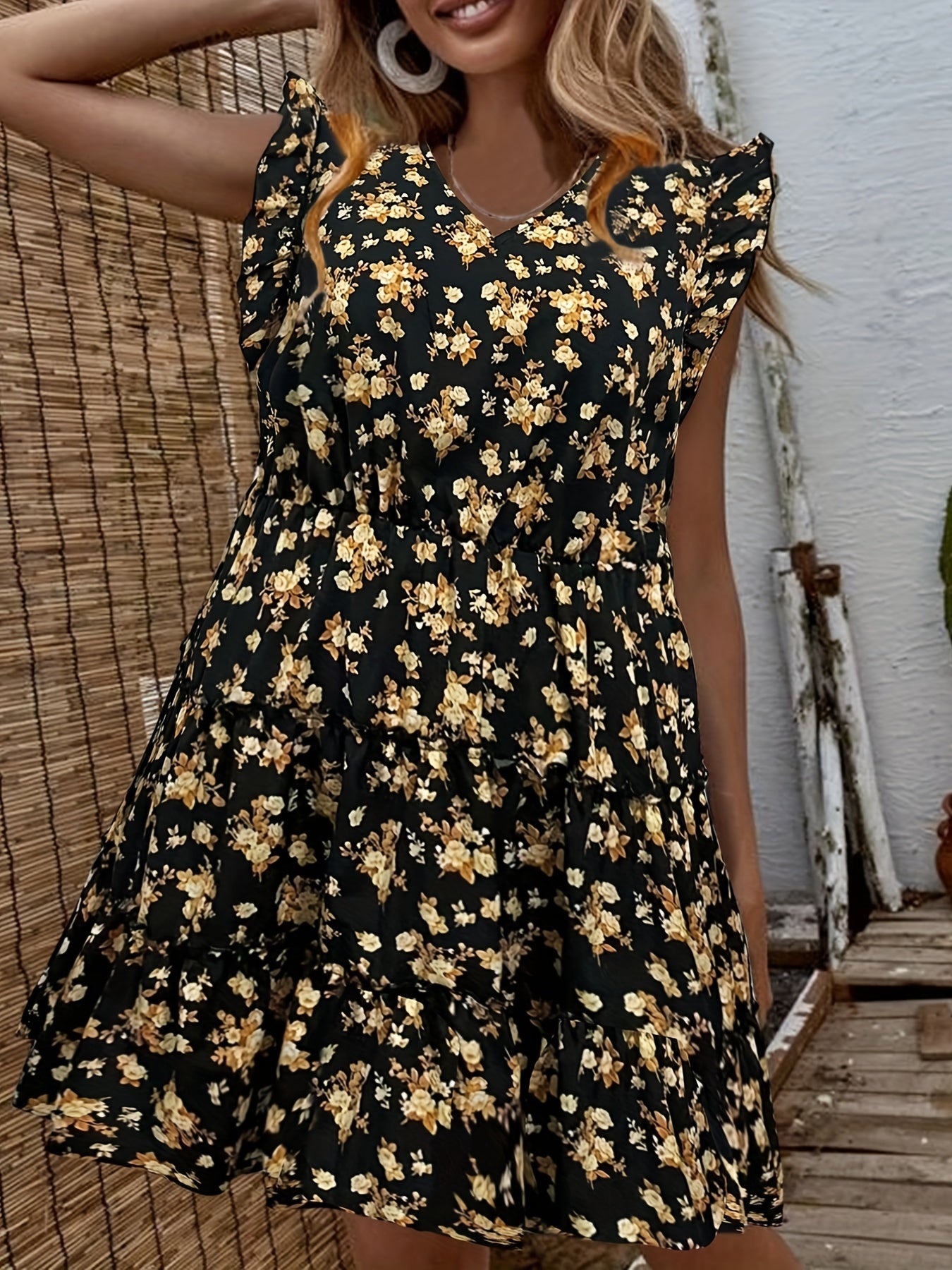  Floral Print Ruffle Trim V Neck Mini Smock Dress