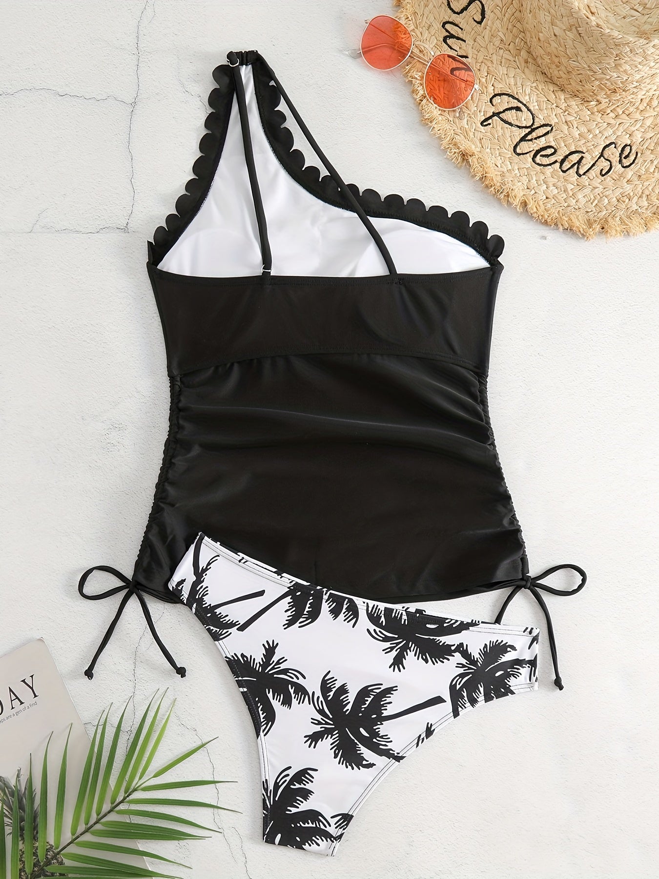 Coconut Tree One Shoulder Bikini Set Scallop Trim Two Piece Swimsuit