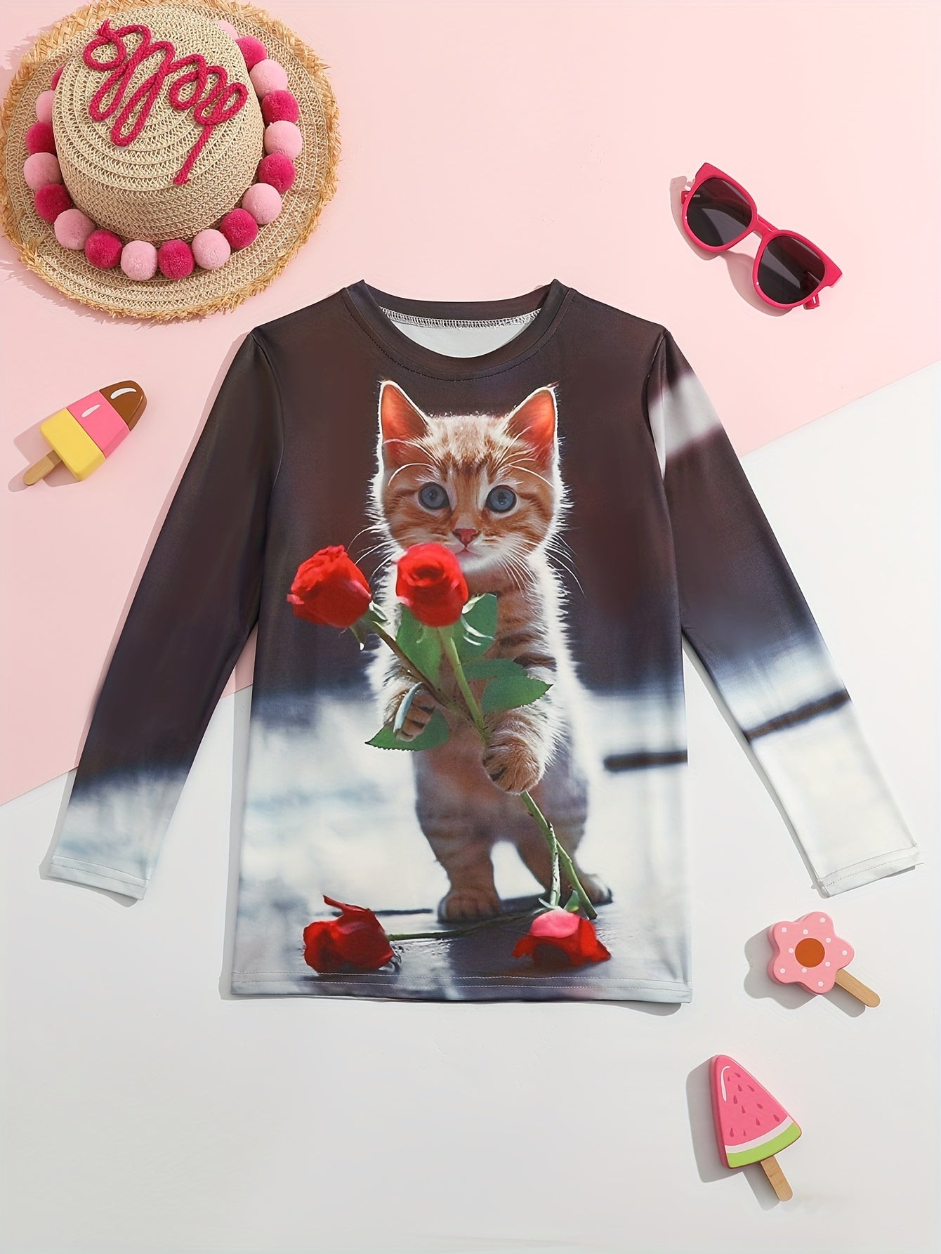 Cartoon Kitty & Rose Flower Long Sleeve T shirt Girls Spring Fall