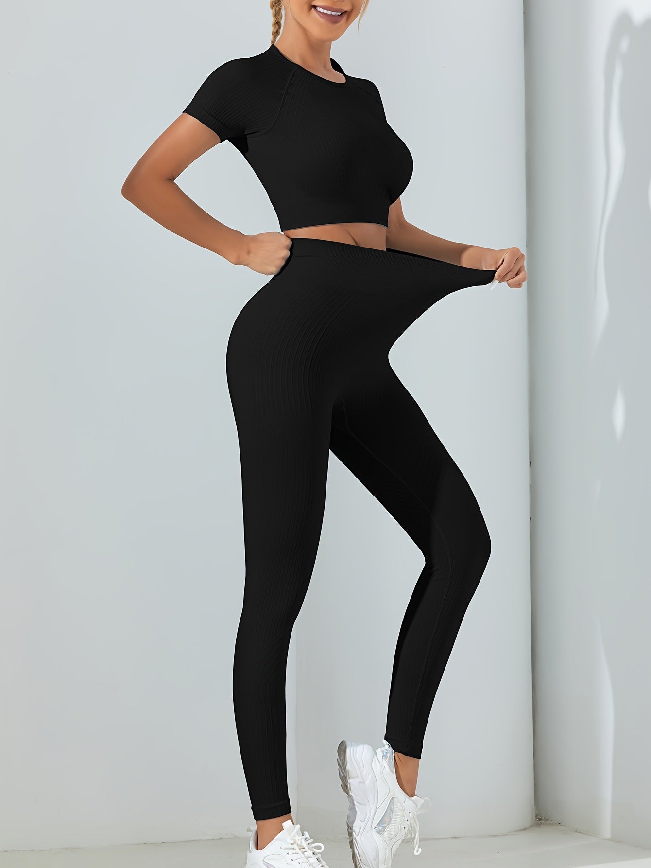 Solid Workout Set Crop Top & Leggings Women's Activewear